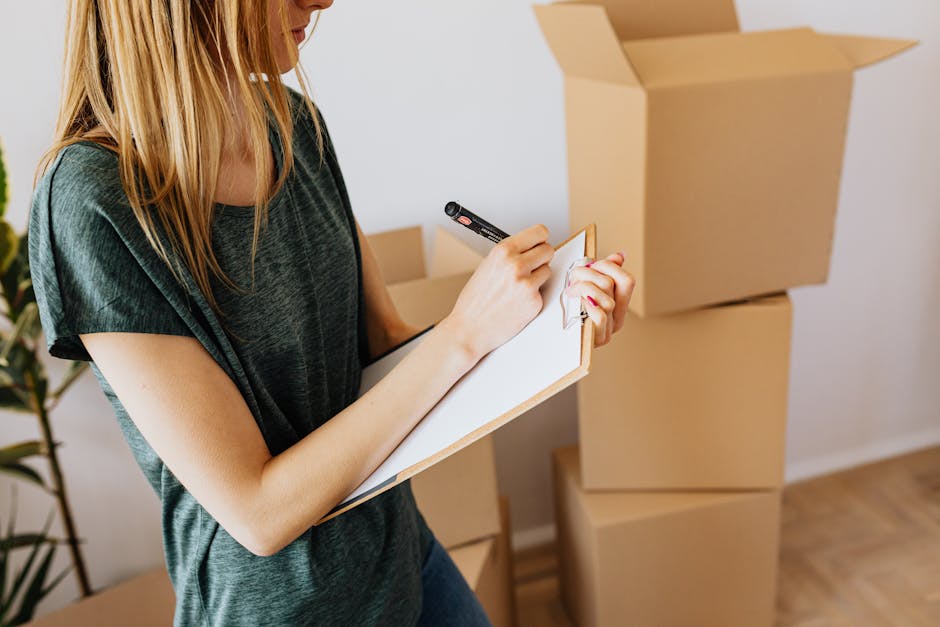 A man wearing a yellow t-shirt and blue jeans stands inside a room during home relocation preparations, surrounded by open cardboard boxes and sealed packed boxes stacked against the wall, with some b